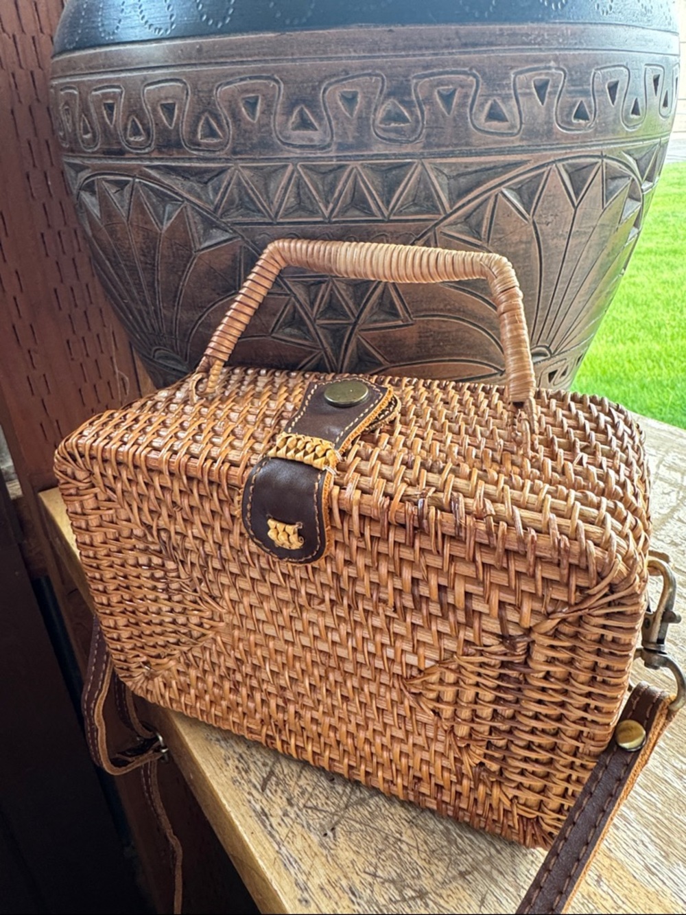 Woven Rattan Handbag in Natural Brown - Women's Shoulder & Top-Handle Bag - Picture 2 of 9